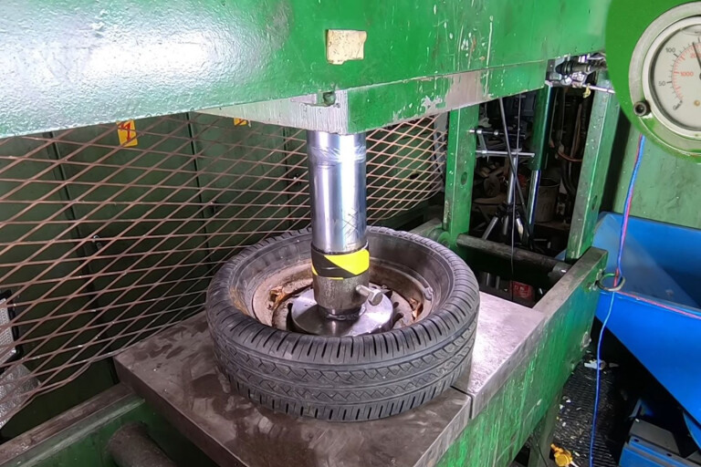 Steel and alloy wheels crushed with hydraulic press video