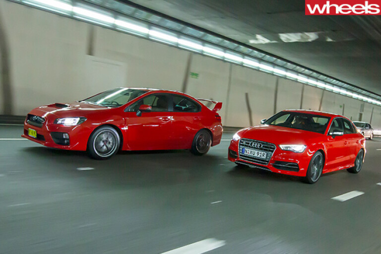 Audi -S3-vs -Subaru -WRX-STi -driving -front
