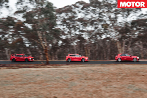 WRX STI vs Audi S3 vs A45 AMG driving straight
