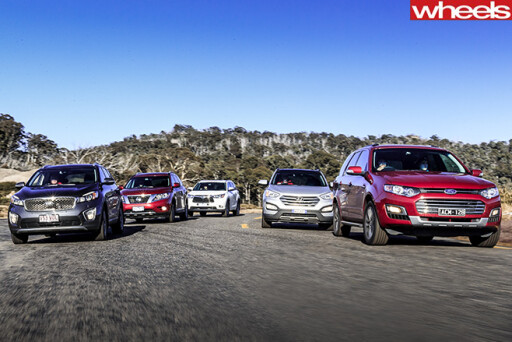 Ford -Territory -v -Hyundai -Santa -Fe -v -Kia -Sorento -v -Nissan -Pathfinder -v -Toyota -Kluger -driving -together