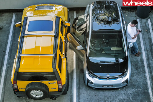 BMW-i 3-side -parked -top -view -birds -eye