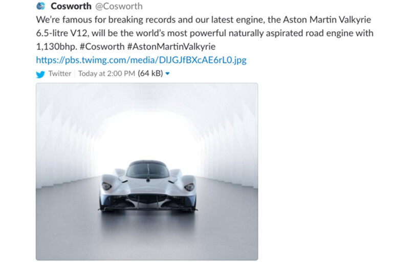 Aston Martin Valkyrie cosworth tweet