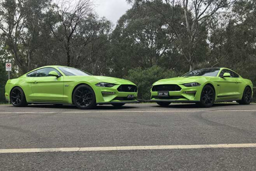 Two Ford Mustang GTs in Grabber Lime