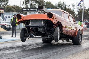 BLOWN ’57 CHEV GASSER IS A HANDFUL ON THE TRACK