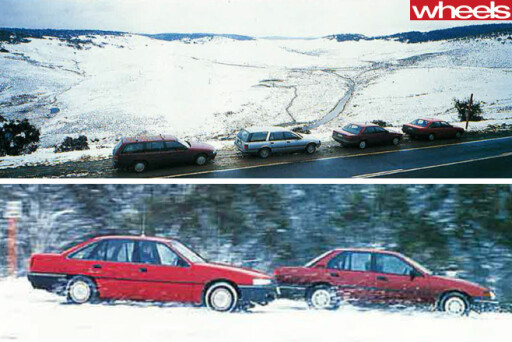 1988-Ford -Falcon -EA-26-vs -Holden -Commodore -VN-driving -snow