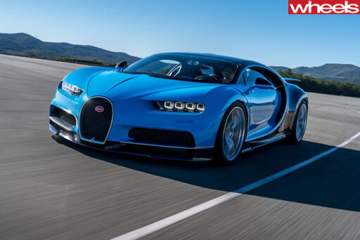Blue -Bugatti -Chiron -driving -front